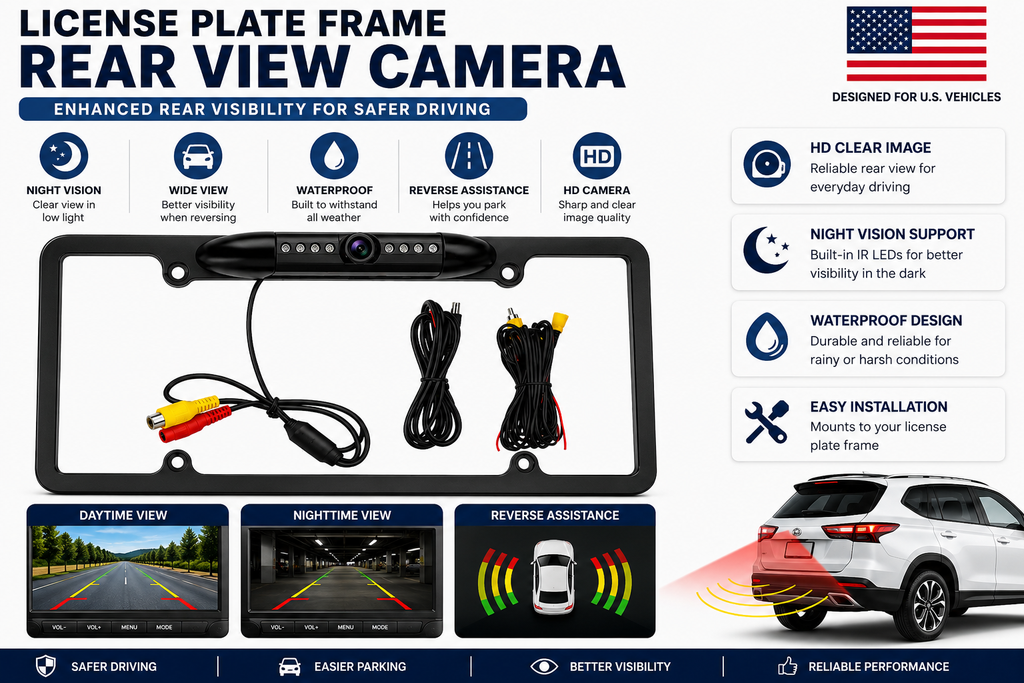 US License Plate Frame Backup Camera with IR Night Vision – Rear View Reversing Camera for Cars, SUVs & Pickups