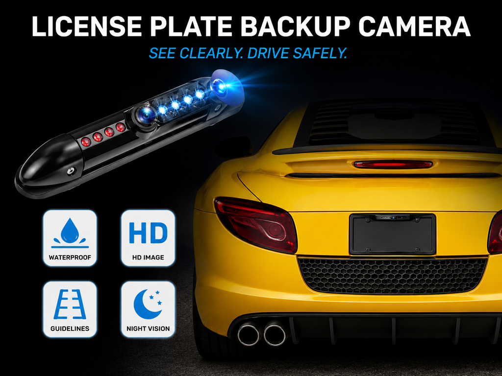 US License Plate Frame Backup Camera with IR Night Vision – Rear View Reversing Camera for Cars, SUVs & Pickups