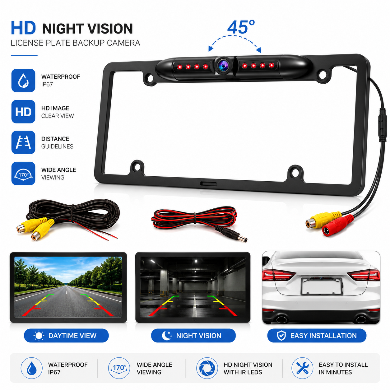 US License Plate Frame Backup Camera with IR Night Vision – Rear View Reversing Camera for Cars, SUVs & Pickups