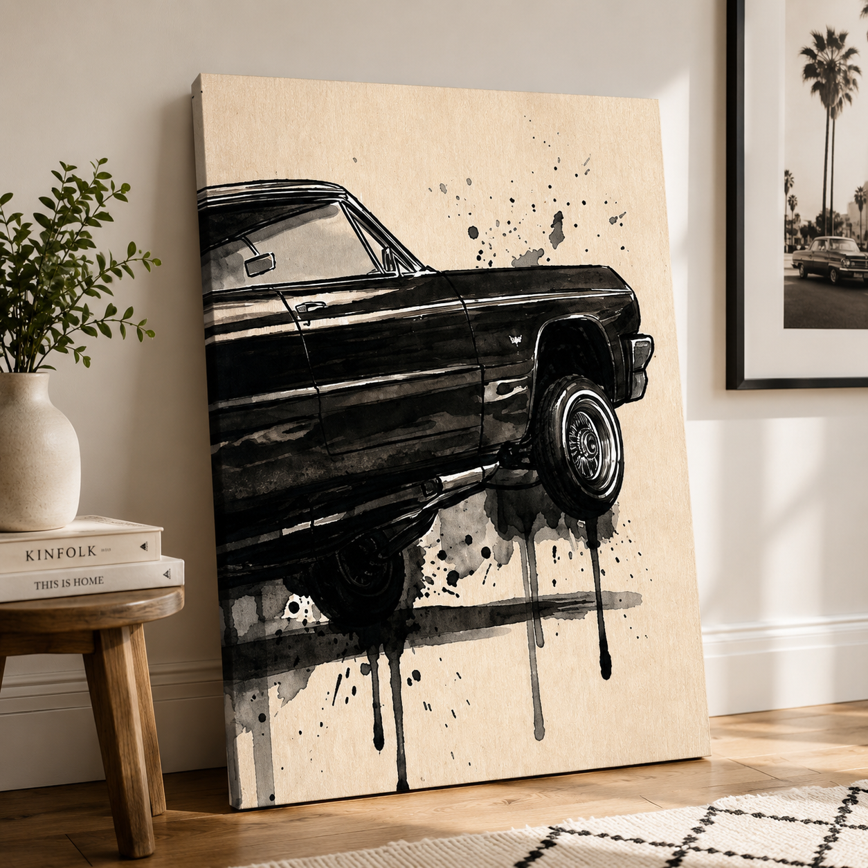 Lowrider Car Watercolor Canvas Poster – Vintage American Wall Art Print for Living Room & Home Decor