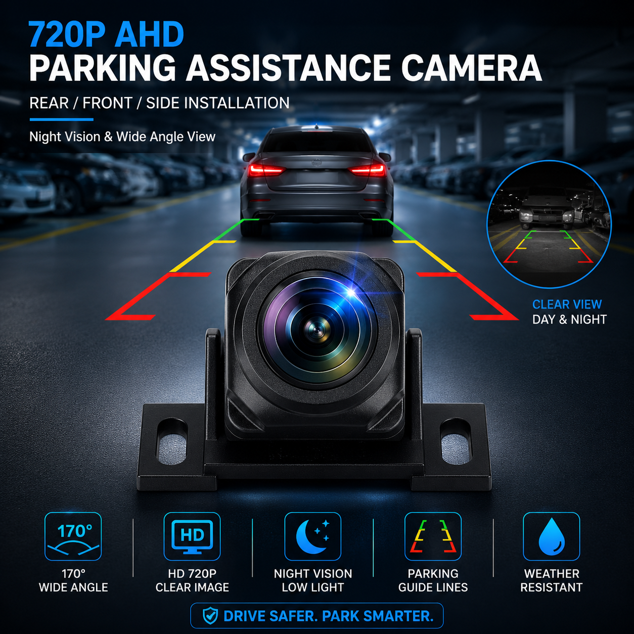 720P AHD Rear View Backup Camera for Car – 170° Wide Angle Night Vision Reverse Parking Camera with Guide Lines, Wired HD CVBS Vehicle Camera
