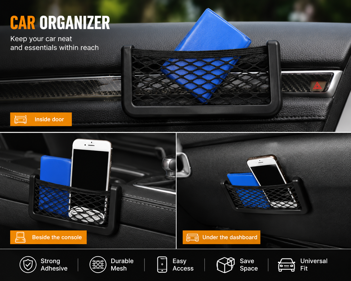 Universal Car Organizer Mesh Storage Bag with Adhesive Net Pocket for Phone Keys Accessories Interior Storage