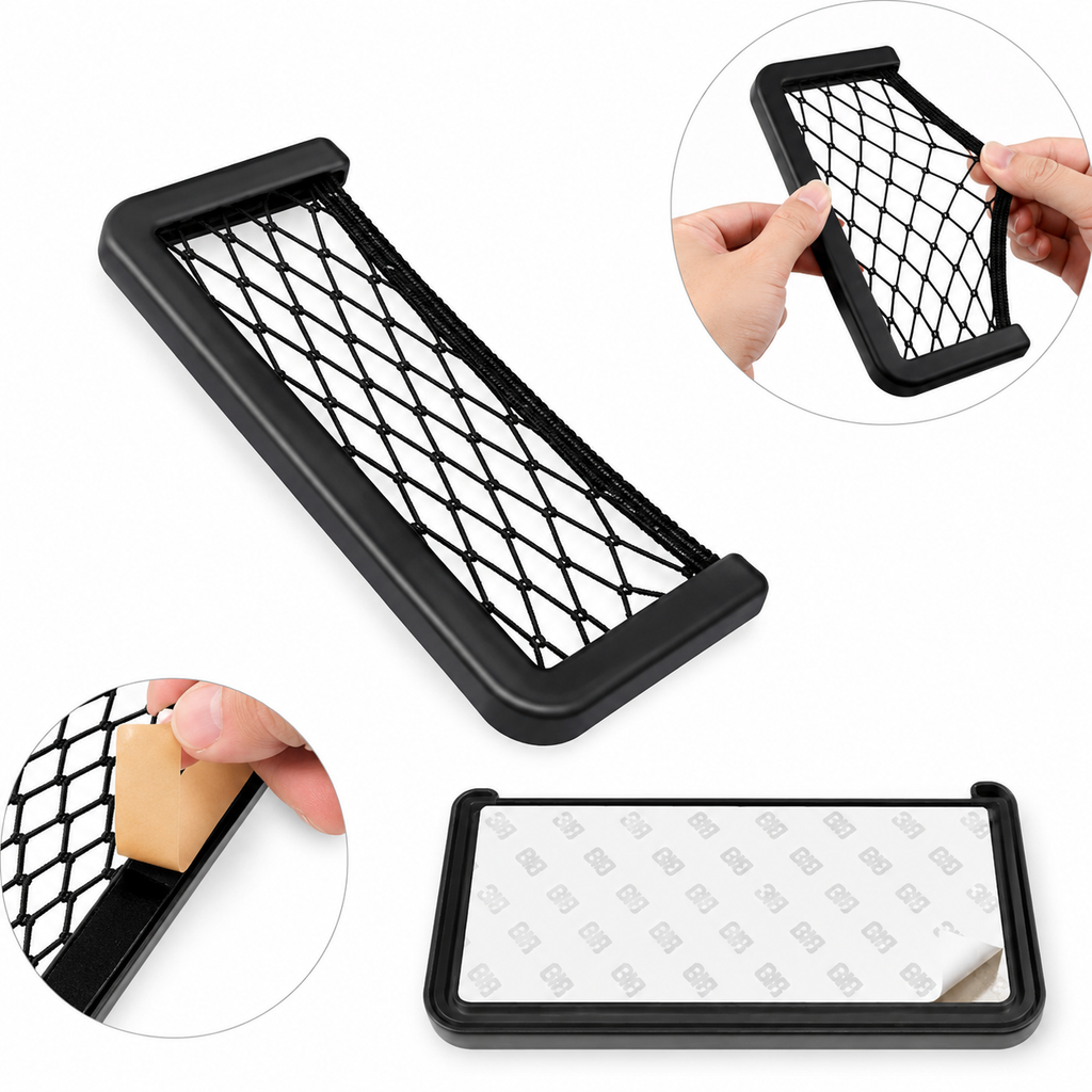 Universal Car Organizer Mesh Storage Bag with Adhesive Net Pocket for Phone Keys Accessories Interior Storage
