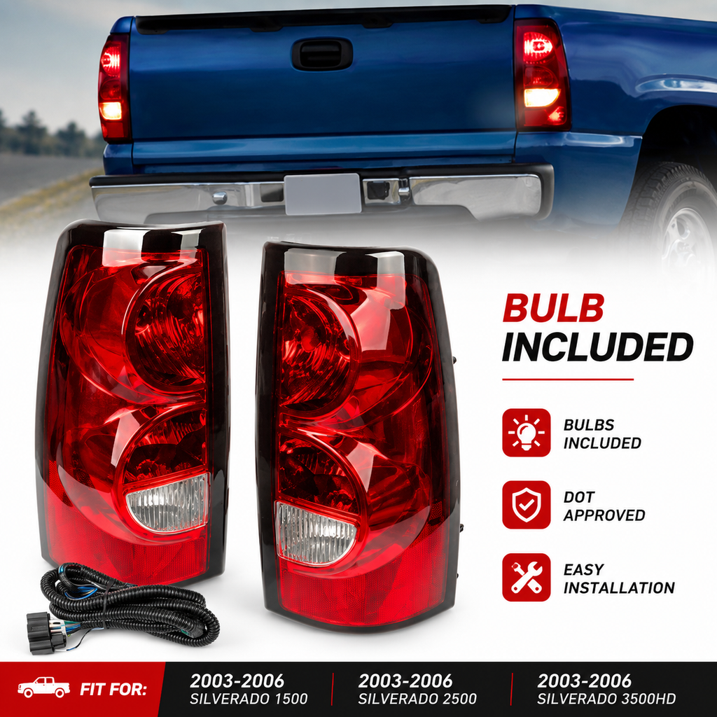 Red LED Brake Tail Lights Assembly Pair for 2003-2006 Chevy Silverado 1500 2500 3500HD w/ Bulbs & Harness DOT Approved