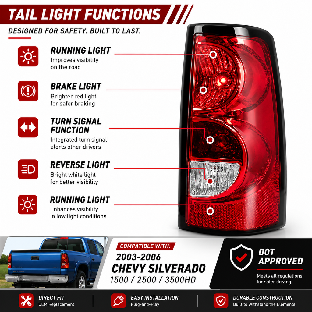 Red LED Brake Tail Lights Assembly Pair for 2003-2006 Chevy Silverado 1500 2500 3500HD w/ Bulbs & Harness DOT Approved