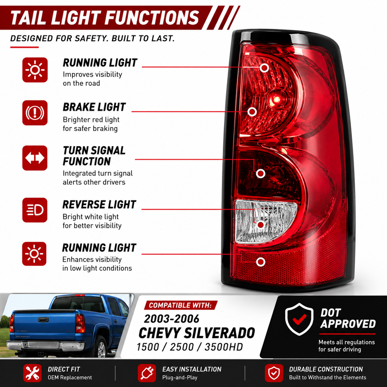 Red LED Brake Tail Lights Assembly Pair for 2003-2006 Chevy Silverado 1500 2500 3500HD w/ Bulbs & Harness DOT Approved