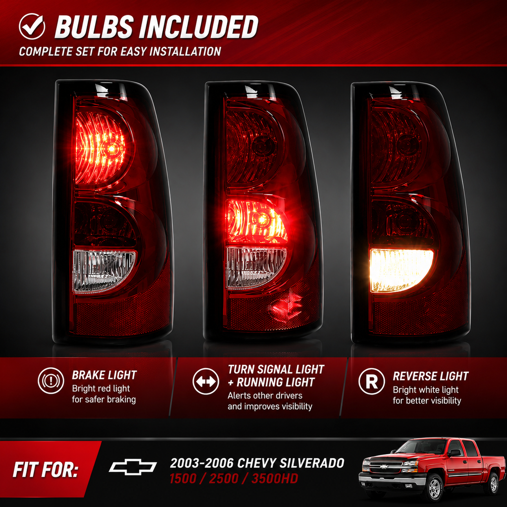 Red LED Brake Tail Lights Assembly Pair for 2003-2006 Chevy Silverado 1500 2500 3500HD w/ Bulbs & Harness DOT Approved