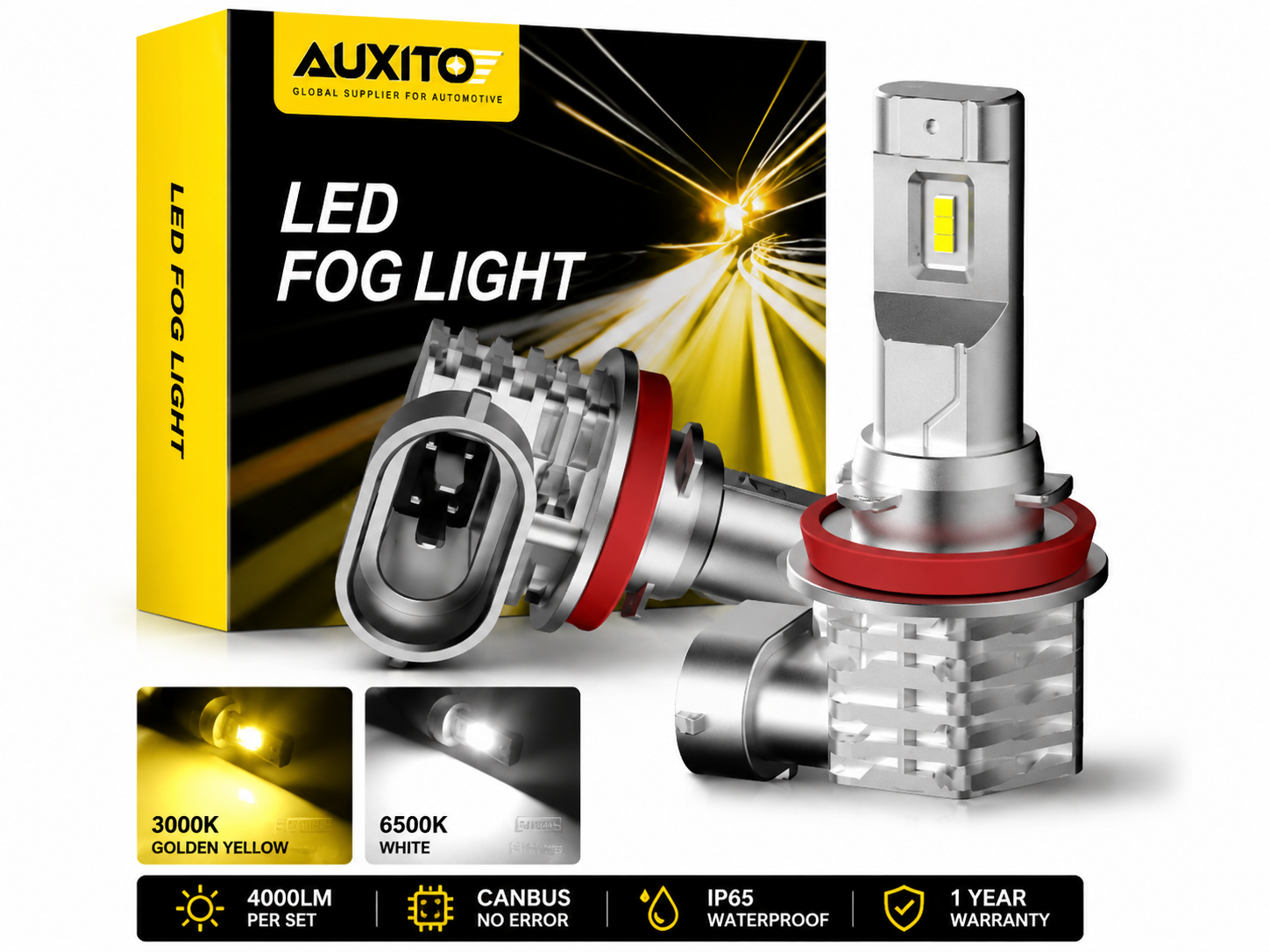 AUXITO 2Pcs Canbus H11/H8 LED Fog Light Bulbs 3000K Yellow 6500K White 4000LM Waterproof Driving Lamps for Toyota Ford