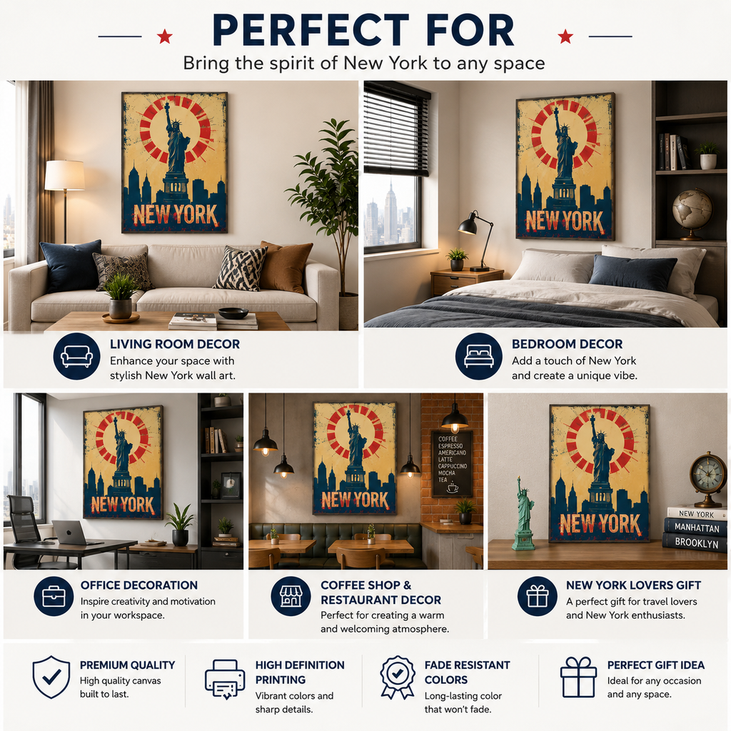 Statue of Liberty Canvas Wall Art – New York City Poster Print for Bedroom, Living Room & Office Decor