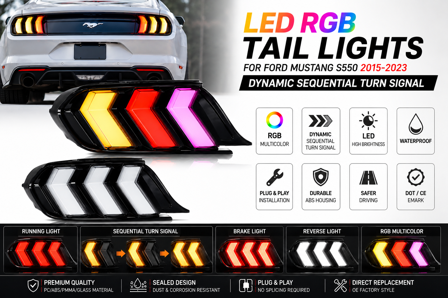 LED RGB Tail Lights for Ford Mustang S550 2015–2023 with Dynamic Sequential Turn Signals