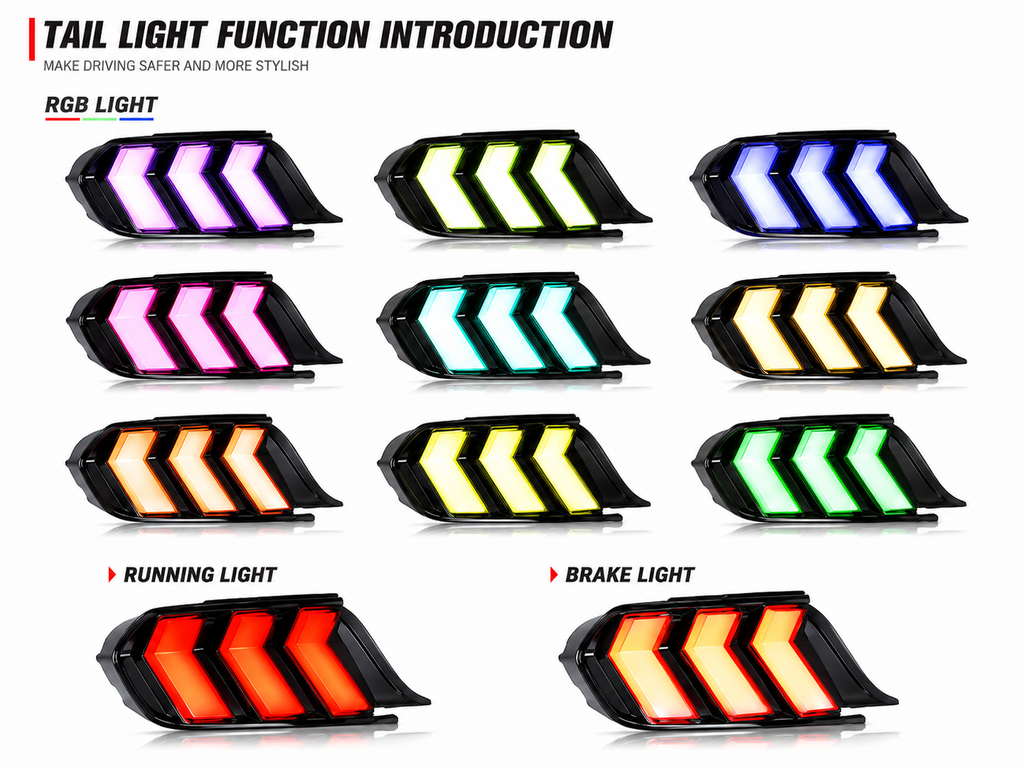 LED RGB Tail Lights for Ford Mustang S550 2015–2023 with Dynamic Sequential Turn Signals