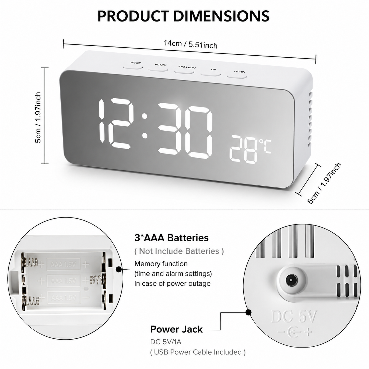 LED Digital Alarm Clock with Temperature Display, Snooze Function & Adjustable Brightness for Bedroom Desk Office
