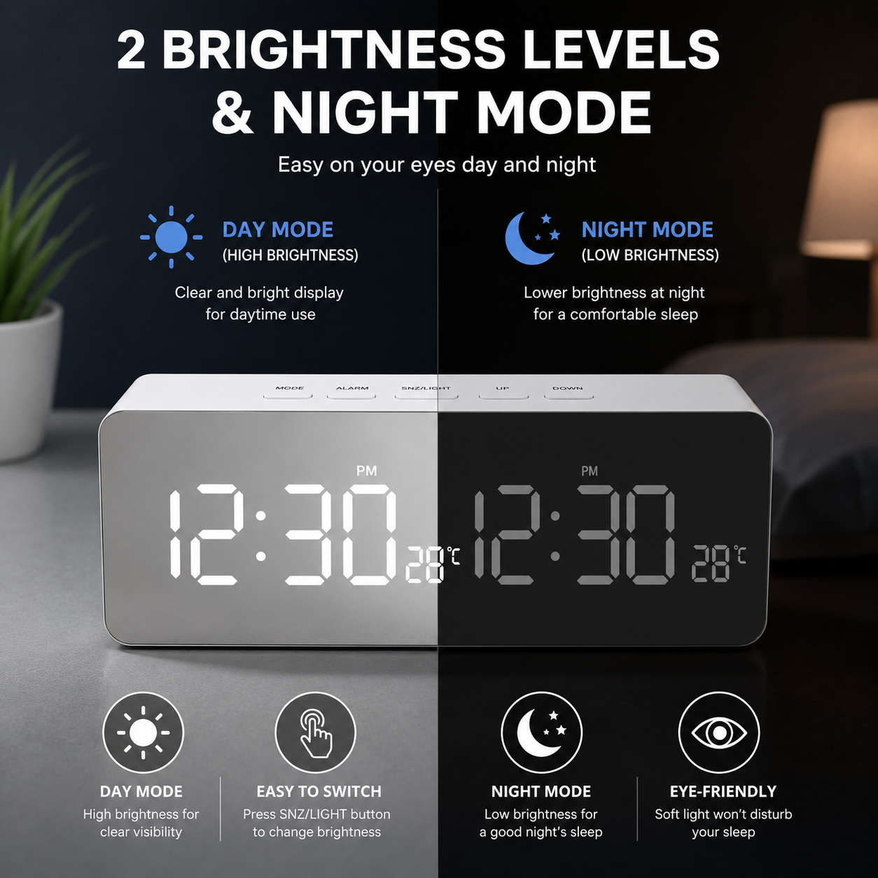 LED Digital Alarm Clock with Temperature Display, Snooze Function & Adjustable Brightness for Bedroom Desk Office