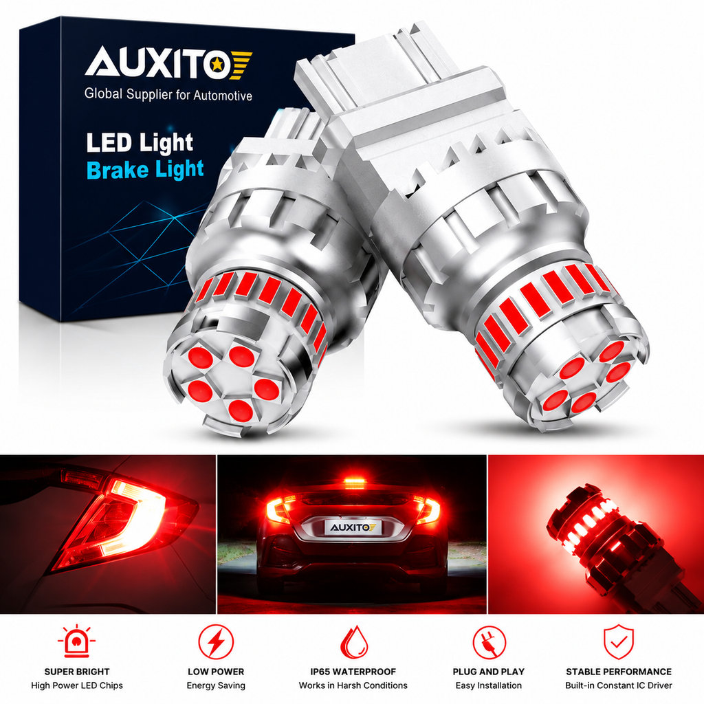 AUXITO 2Pcs Red 7440 7443 T20 LED Strobe Brake Light Bulbs 12V Flashing W21W W21/5W for Honda Civic Accord Ford F-150