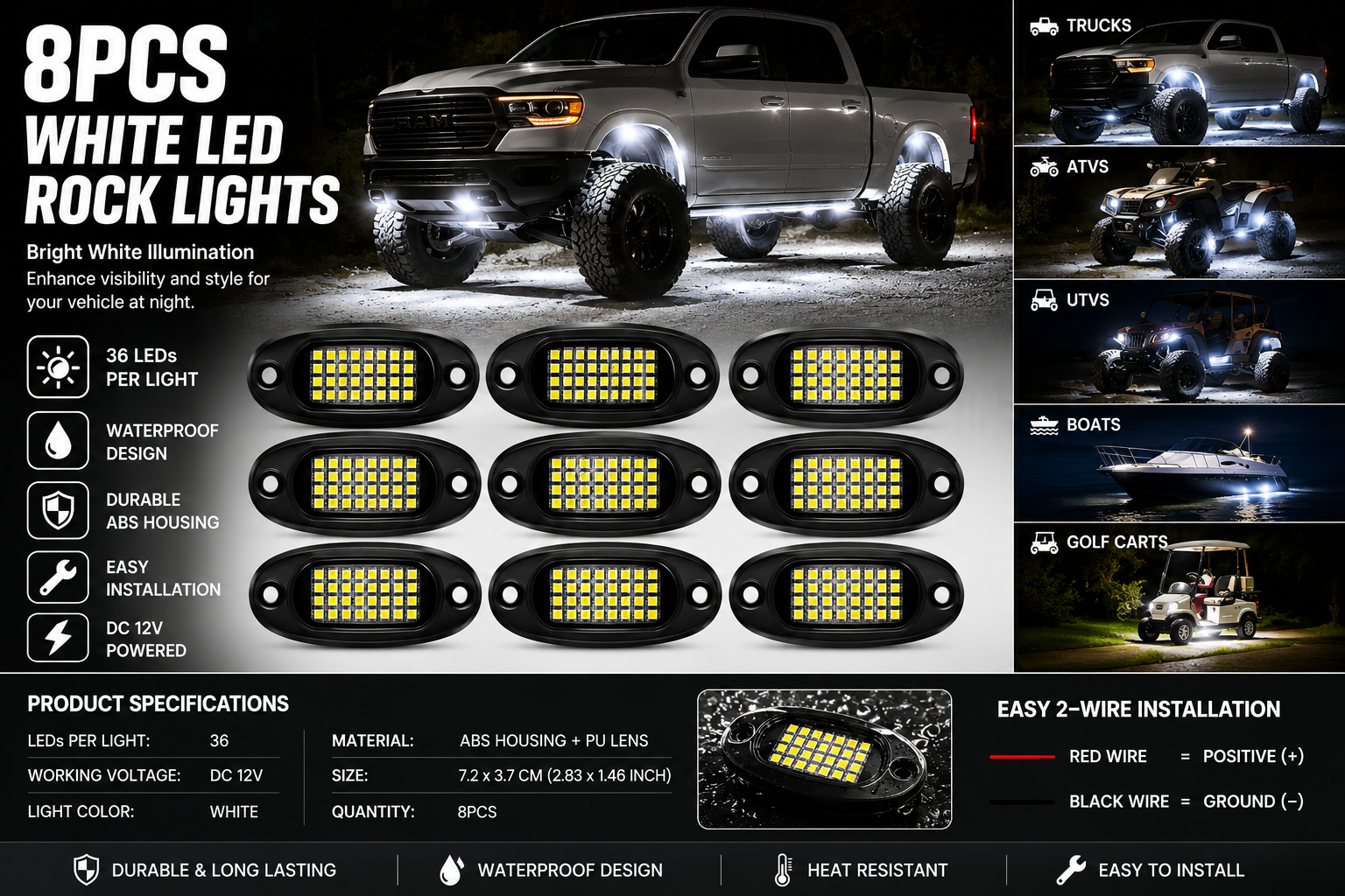 8PCS Waterproof White LED Rock Light Kit 12V – 36 LED Underbody Glow Lights for Trucks, SUVs, ATVs, UTVs, Boats & Cars