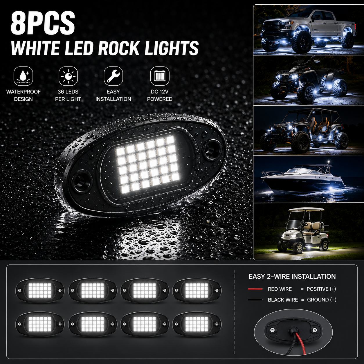 8PCS Waterproof White LED Rock Light Kit 12V – 36 LED Underbody Glow Lights for Trucks, SUVs, ATVs, UTVs, Boats & Cars