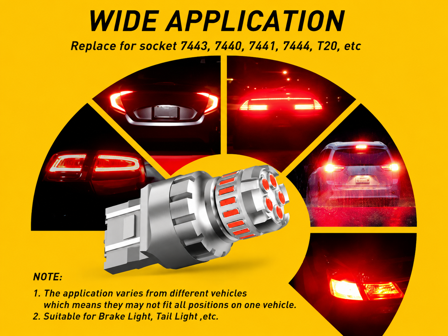 AUXITO 2Pcs Red 7440 7443 T20 LED Strobe Brake Light Bulbs 12V Flashing W21W W21/5W for Honda Civic Accord Ford F-150