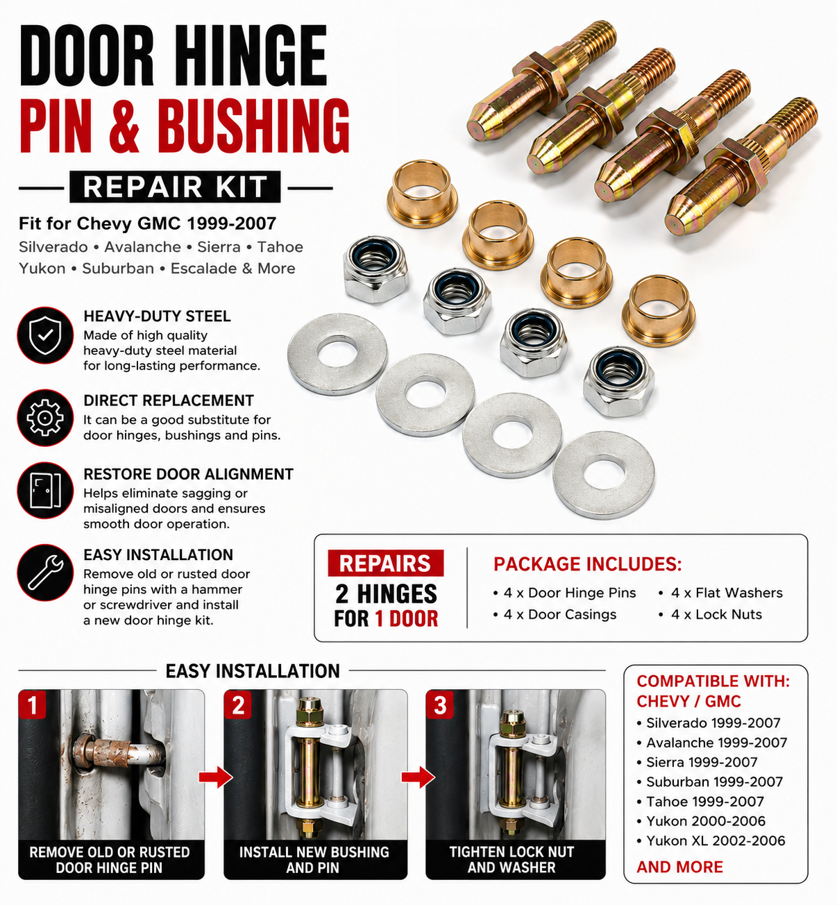 Door Hinge Pin & Bushing Repair Kit for Chevy Silverado Tahoe GMC Sierra Yukon 1999–2007