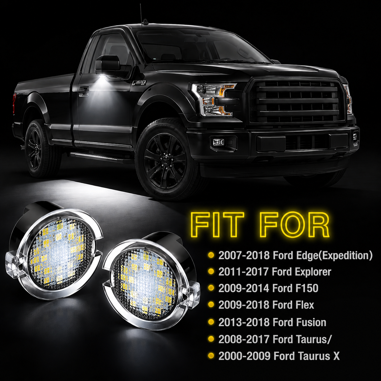 2PCS LED Side Mirror Puddle Lights for Ford F-150 Explorer Edge Expedition Flex Fusion Taurus X – 6000K White Courtesy Lights
