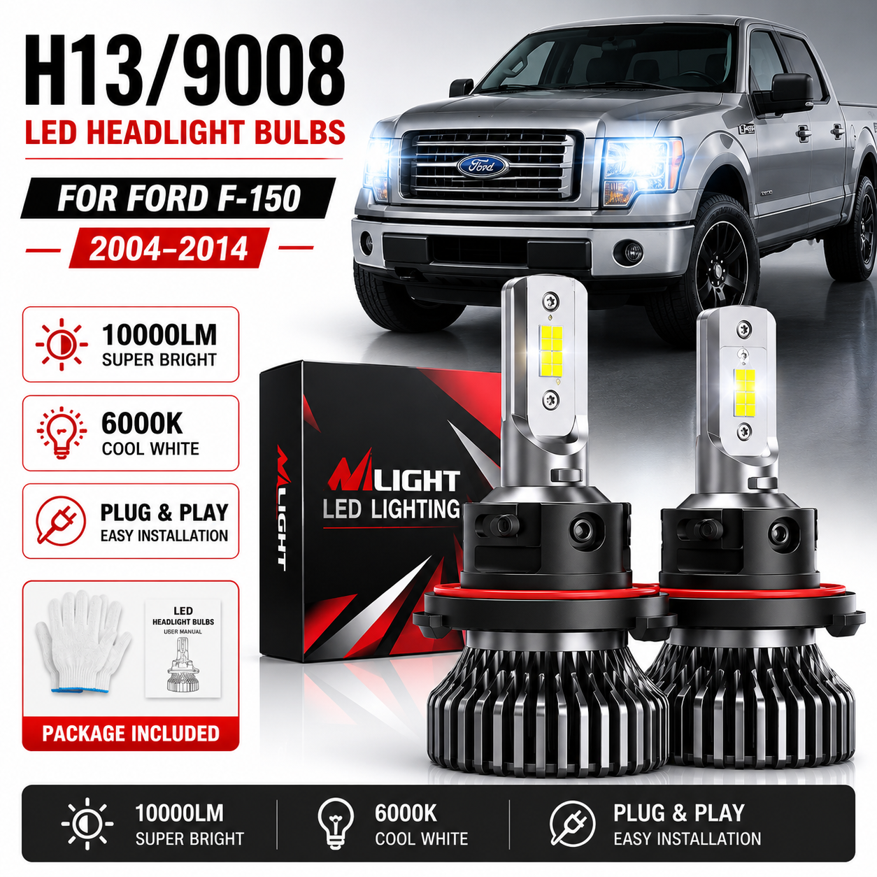 2PCS H13/9008 LED Headlight Bulbs 10000LM 6000K Plug & Play for Ford Jeep Dodge GMC