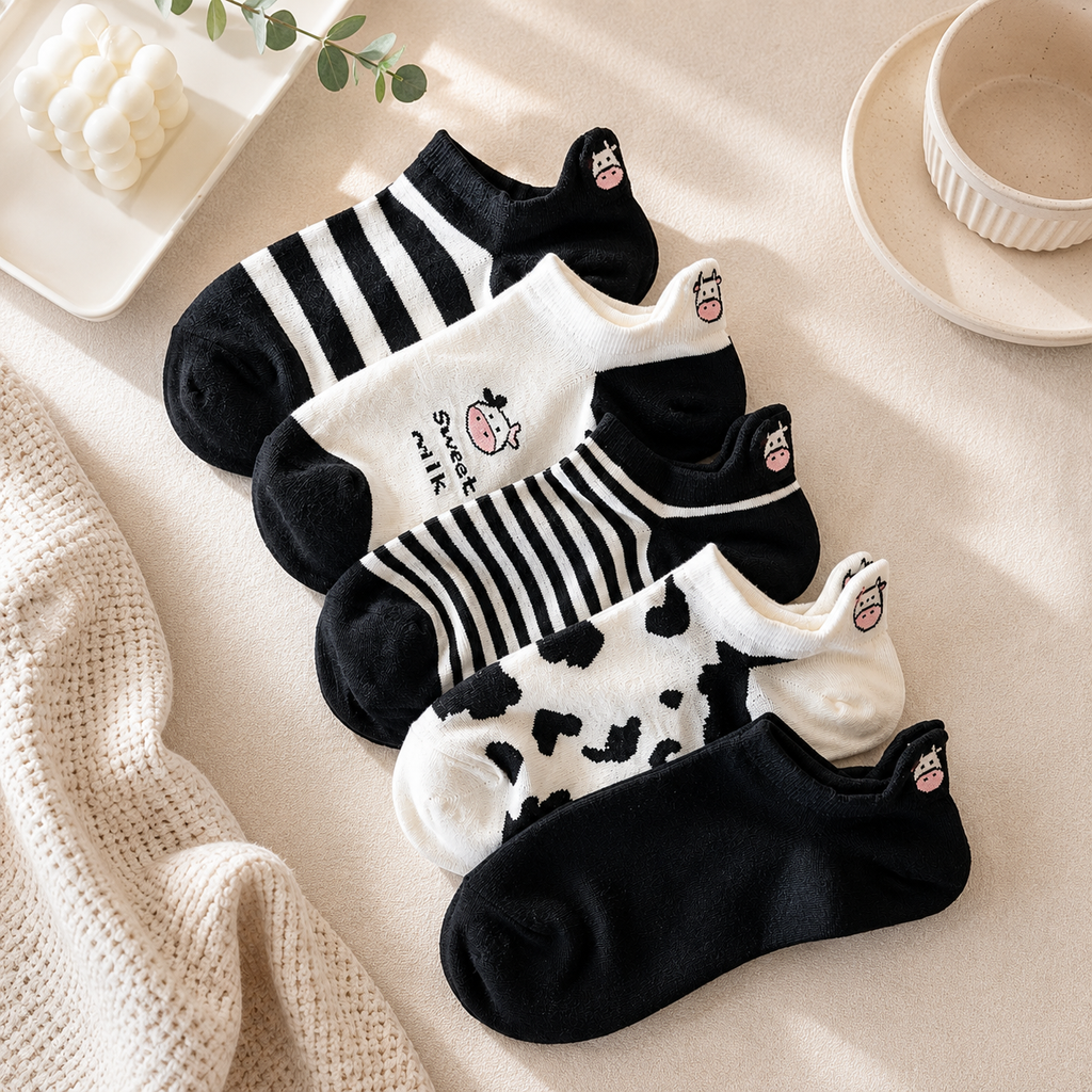 5 Pairs Women’s Cow Print Ankle Socks – Cute Low Cut Breathable Casual Knit Socks