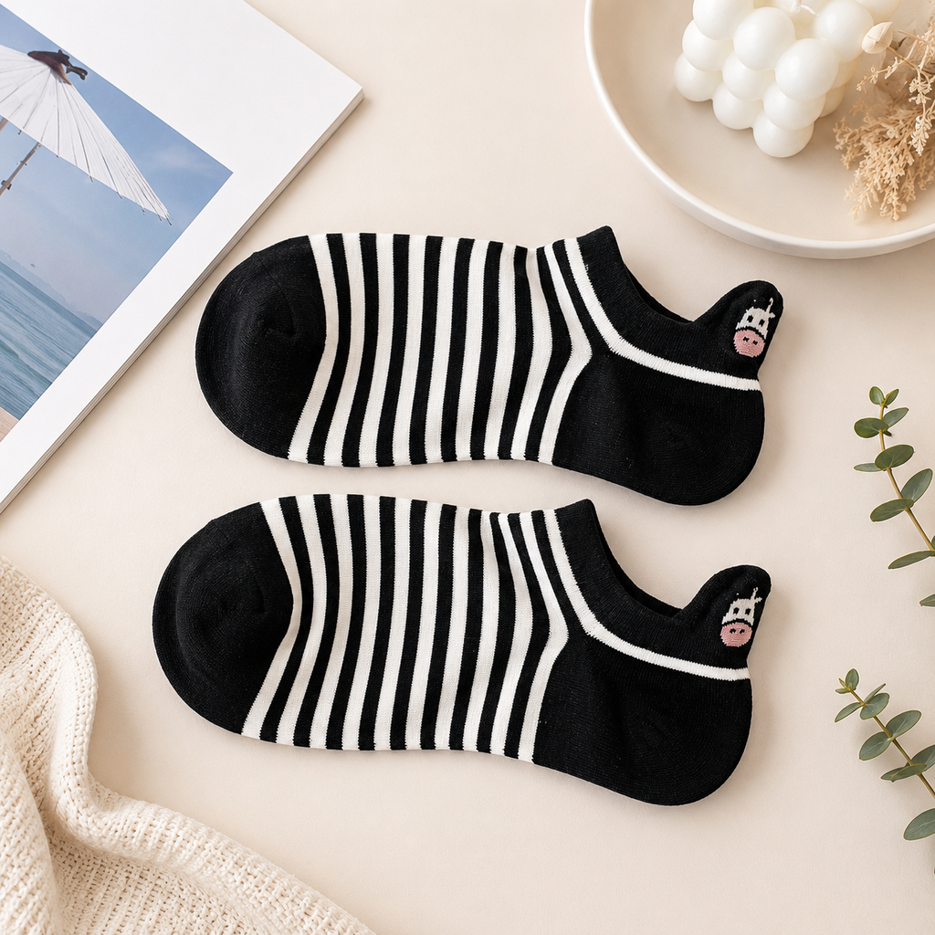 5 Pairs Women’s Cow Print Ankle Socks – Cute Low Cut Breathable Casual Knit Socks