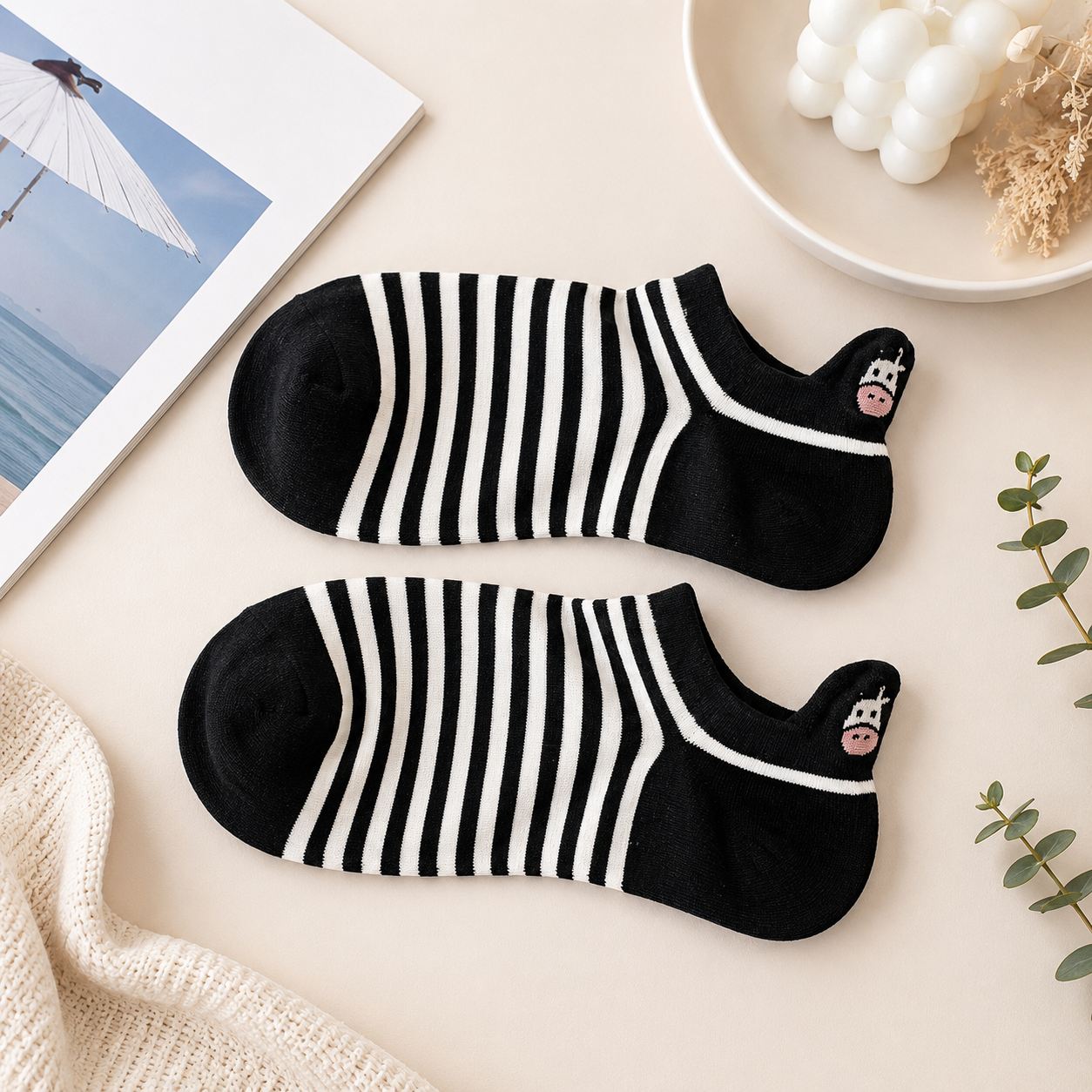 5 Pairs Women’s Cow Print Ankle Socks – Cute Low Cut Breathable Casual Knit Socks