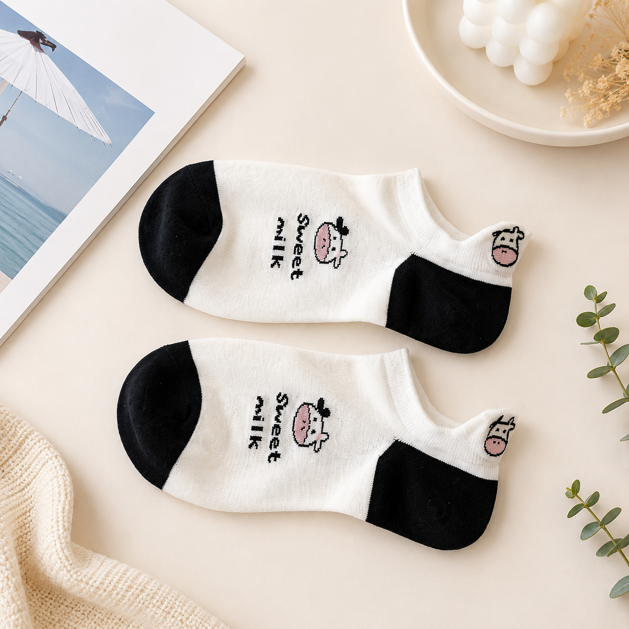 5 Pairs Women’s Cow Print Ankle Socks – Cute Low Cut Breathable Casual Knit Socks