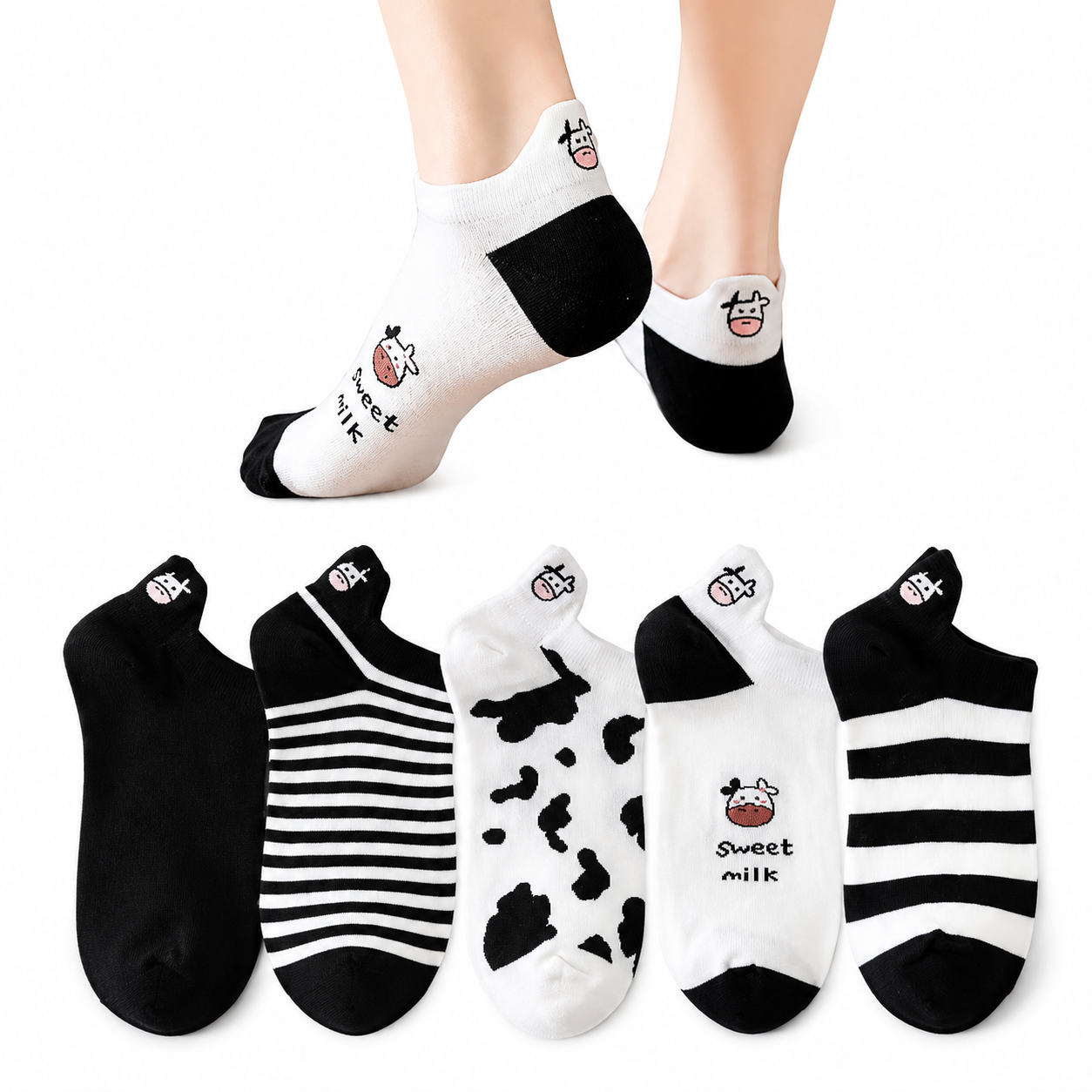 5 Pairs Women’s Cow Print Ankle Socks – Cute Low Cut Breathable Casual Knit Socks