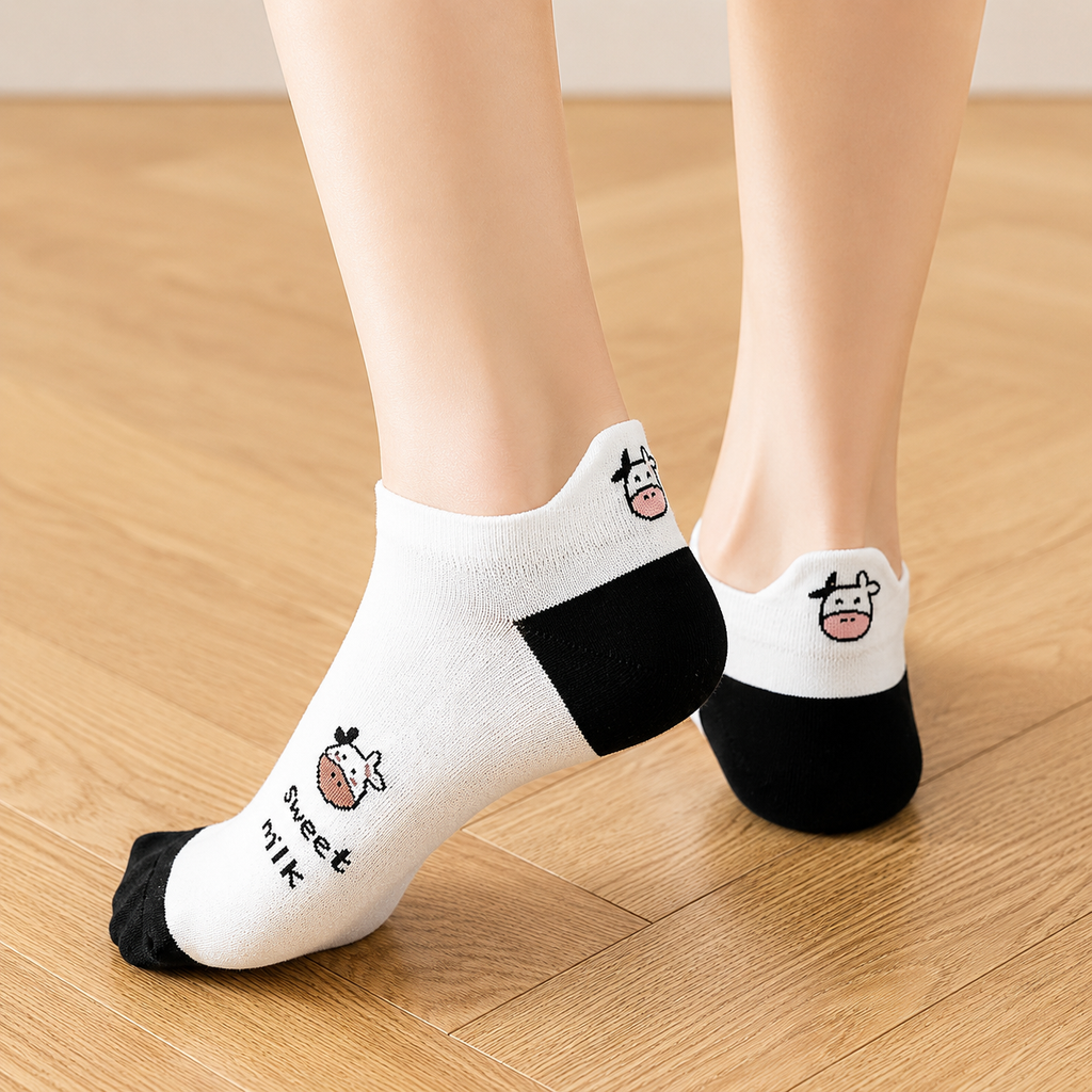 5 Pairs Women’s Cow Print Ankle Socks – Cute Low Cut Breathable Casual Knit Socks