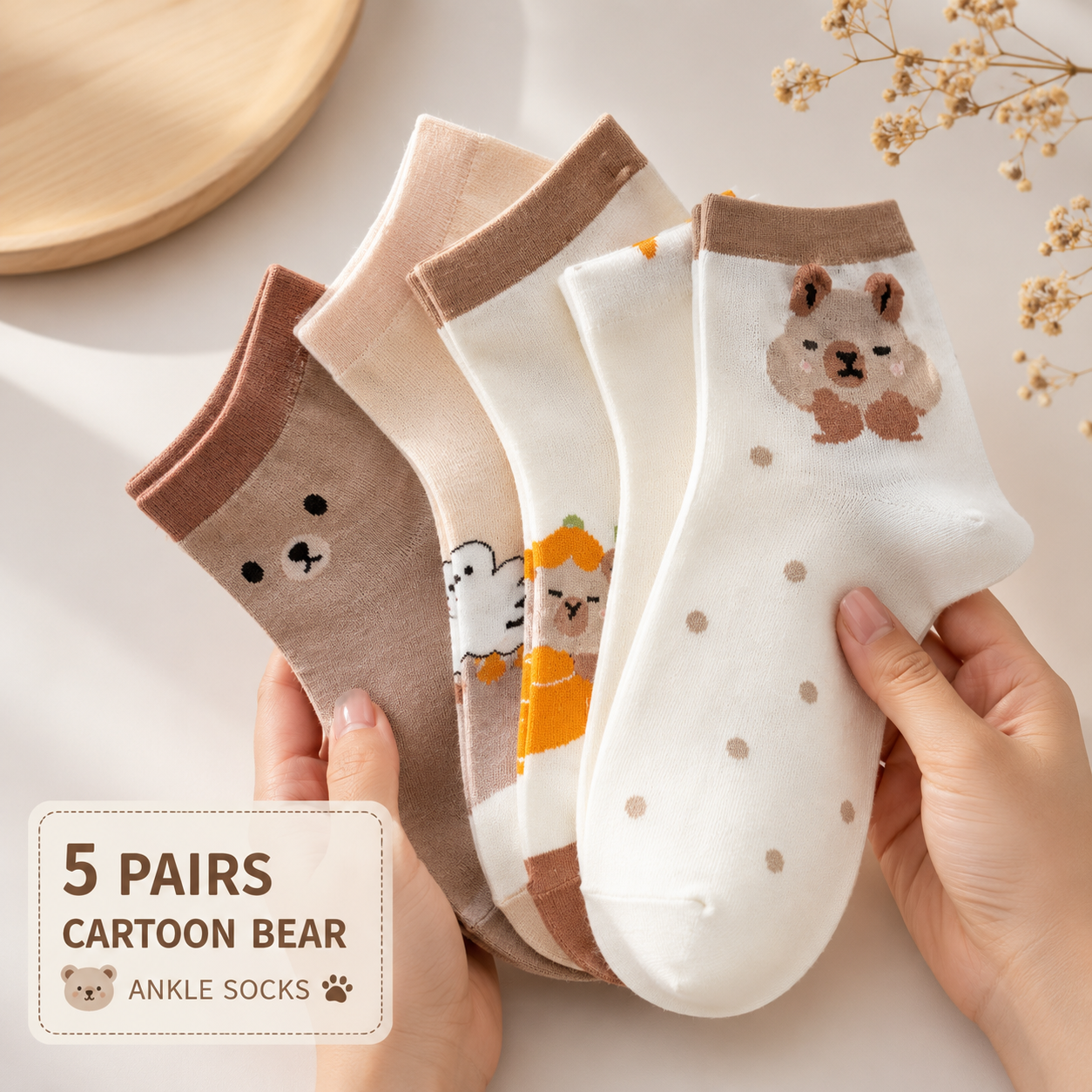 5 Pairs Women’s Cartoon Bear Ankle Socks – Cute Breathable Cotton Low Cut Socks for Spring & Summer