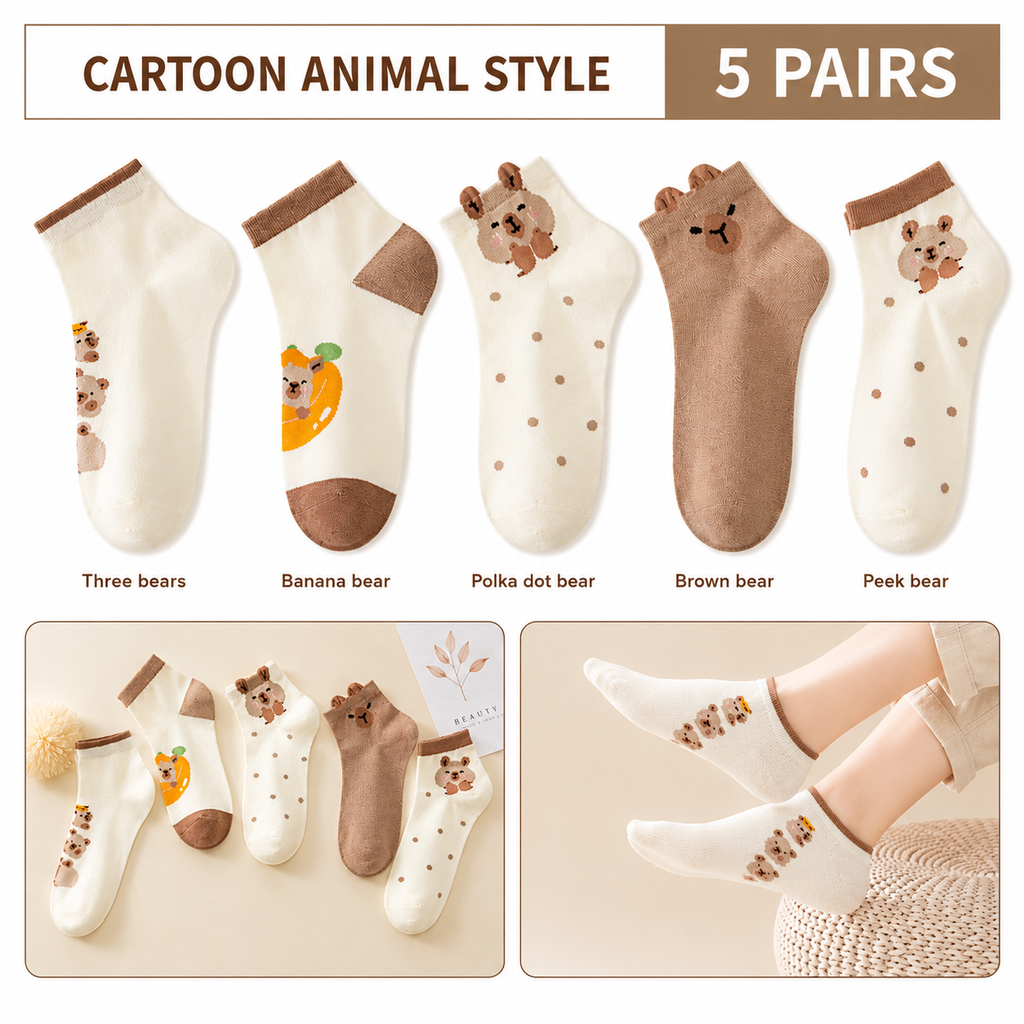 5 Pairs Women’s Cartoon Bear Ankle Socks – Cute Breathable Cotton Low Cut Socks for Spring & Summer