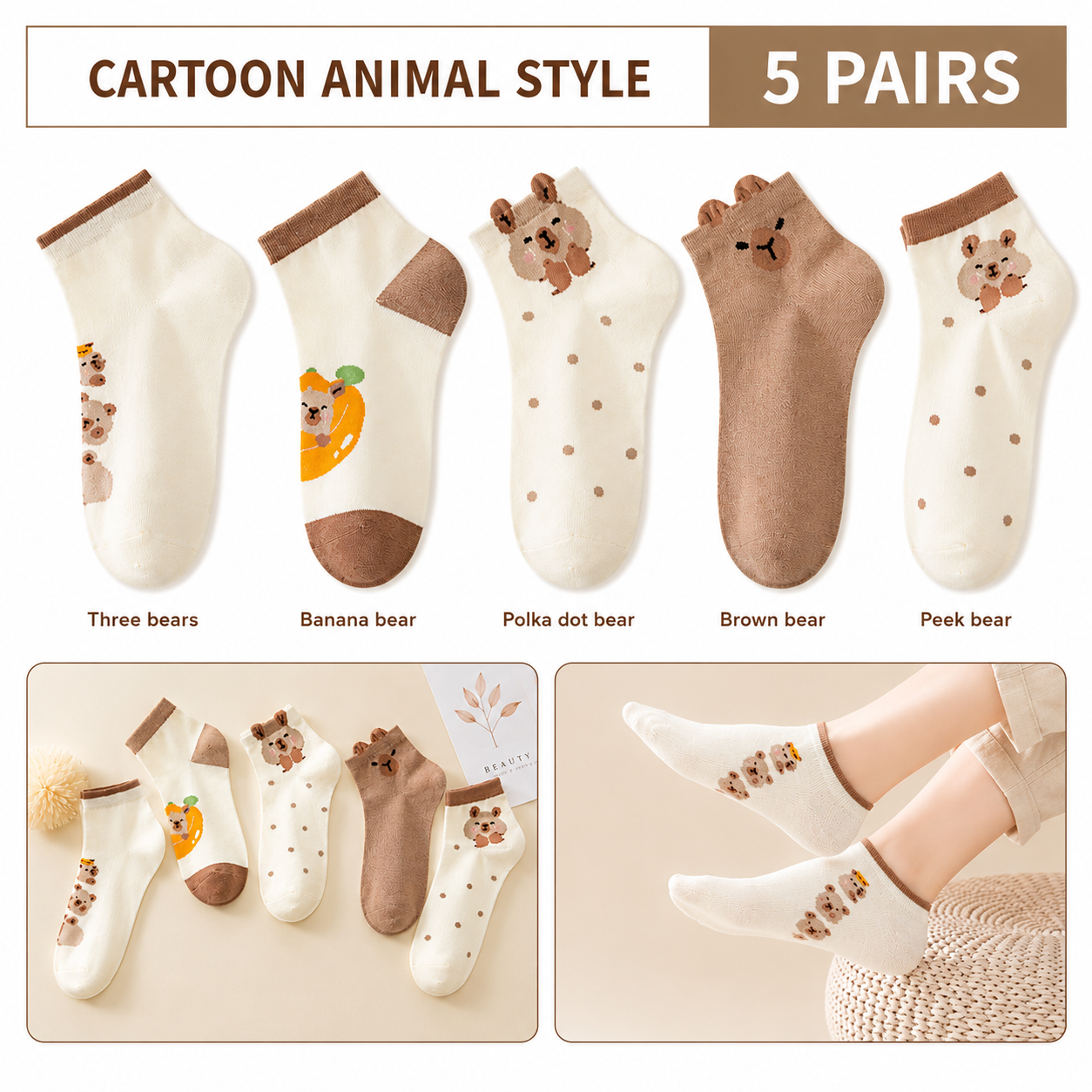 5 Pairs Women’s Cartoon Bear Ankle Socks – Cute Breathable Cotton Low Cut Socks for Spring & Summer