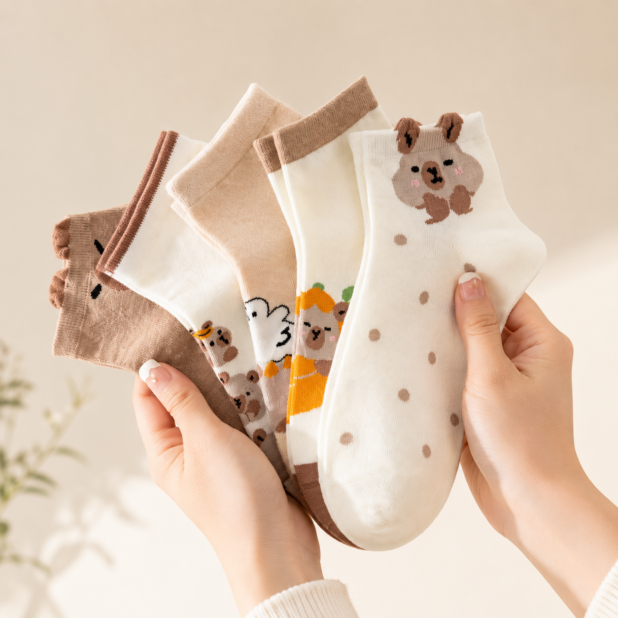 5 Pairs Women’s Cartoon Bear Ankle Socks – Cute Breathable Cotton Low Cut Socks for Spring & Summer