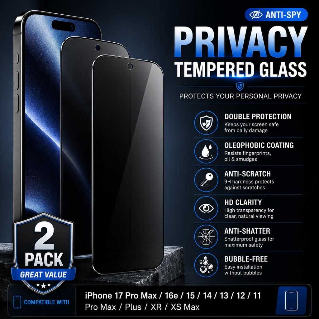 2Pack Privacy Tempered Glass Screen Protector for iPhone 17 Pro Max 16e 15 14 13 12 11 Pro Max Plus XR XS Max
